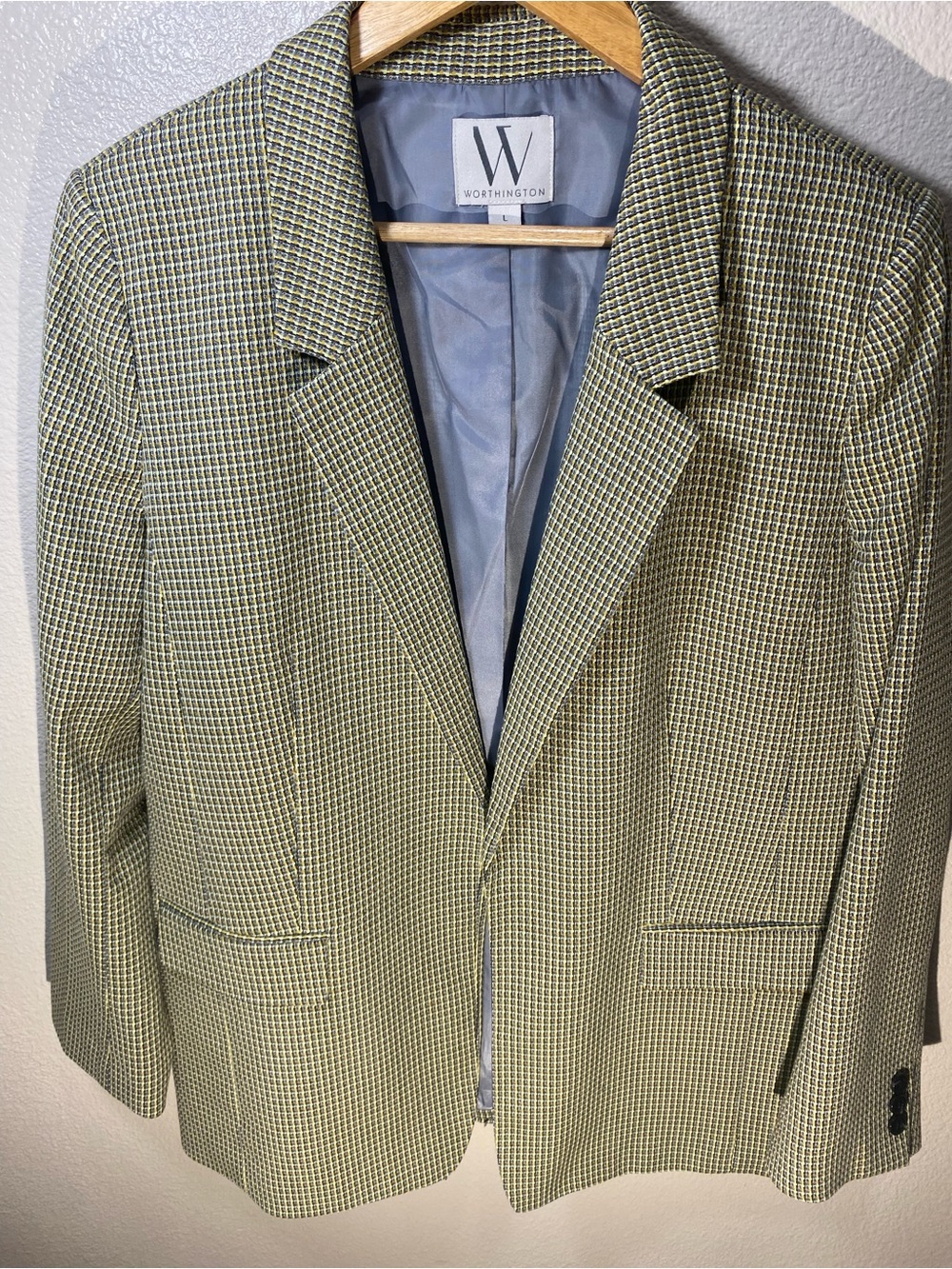 Into Fall - Worthington Women’s Olive Green/Yellow Houndstooth Blazer, Preppy,